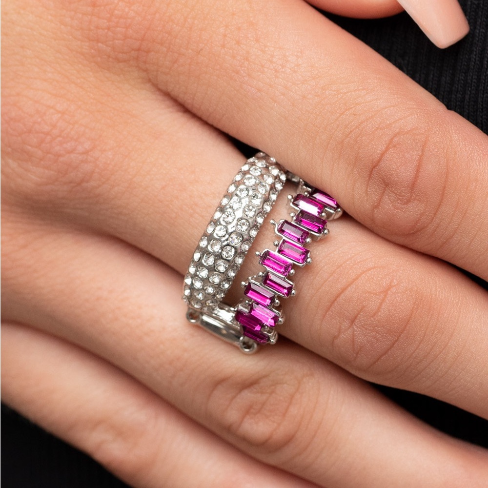 NEW Boutique Pink & Silver Diamond Rhinestone Stretch Band Ring Fashion Jewelry